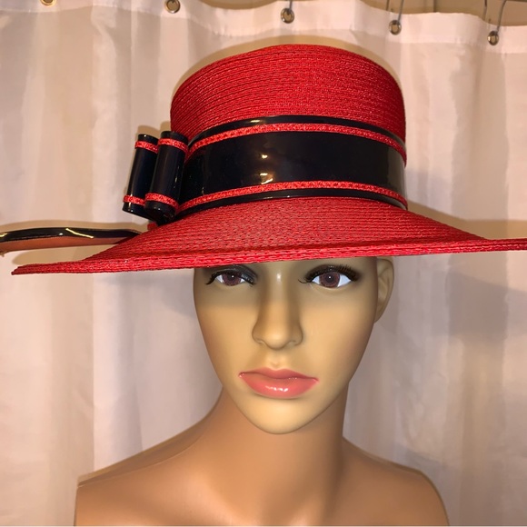 VINTAGE red straw/silk Delia hat SAINT LAURENT PARIS patent leather & silk trim - Picture 12 of 14